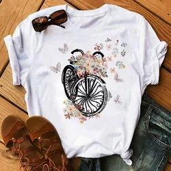 Women Graphic Flower Bike Bicycle Web Style Trend Fashion 90s Short Sleeve Lady Clothes Tops Tees Print Female Tshirt T-Shirt