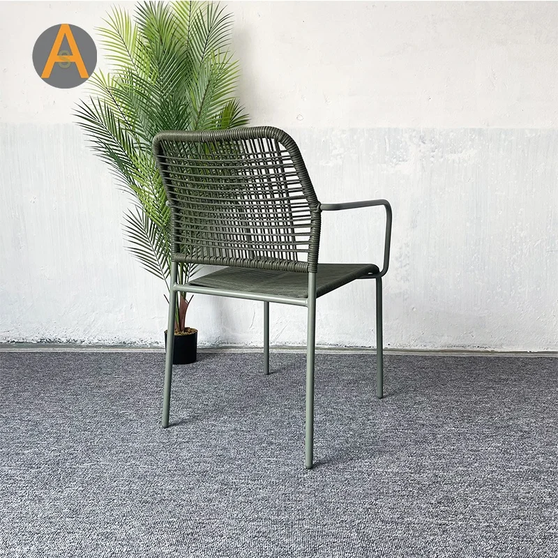 Mid century aluminum alloy hotel restaurant furniture rope chair outdoor dining chairs with arms