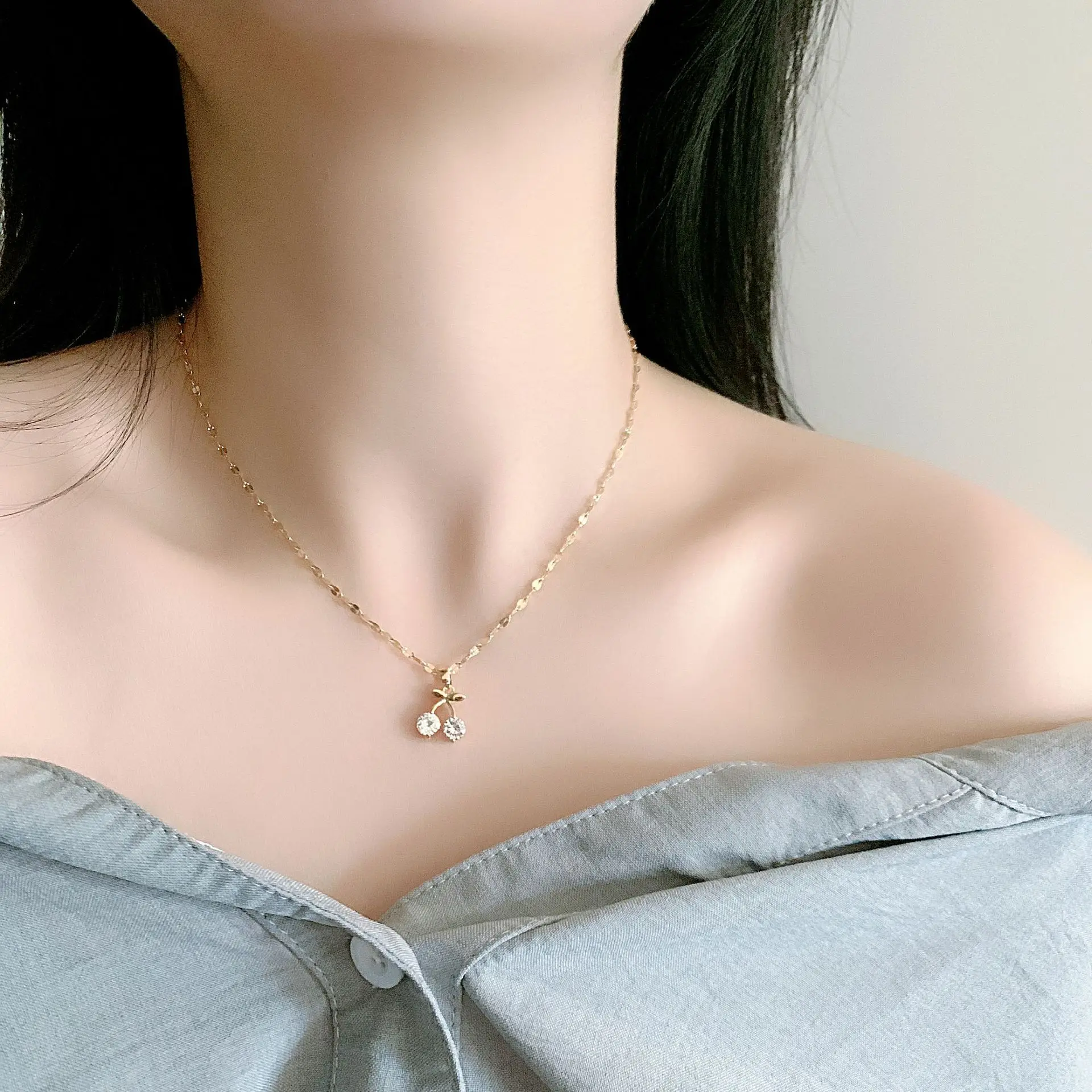 Gold-plated charm pendant titanium stainless steel exquisite diamond fish tail key peanut necklace jewelry for women