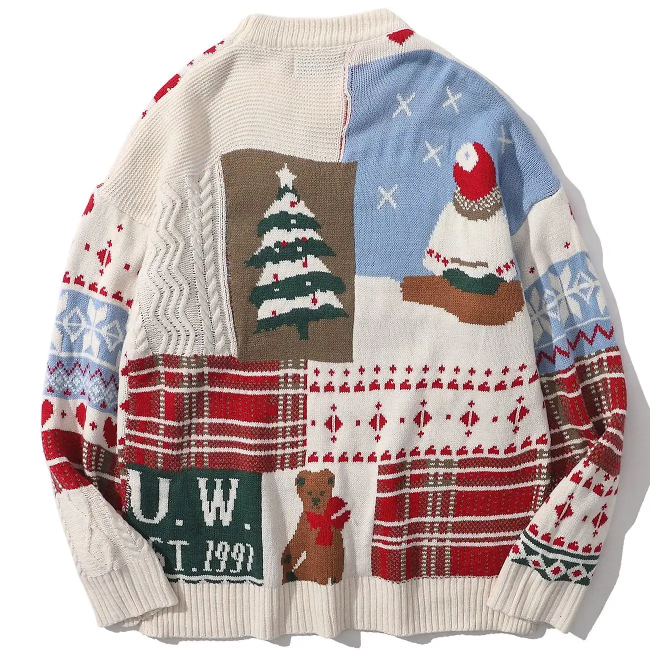Customized Sample & LOGO Winter Christmas Patchwork Animal Bear Jacquard Knit Crew Neck Pullover Sweater