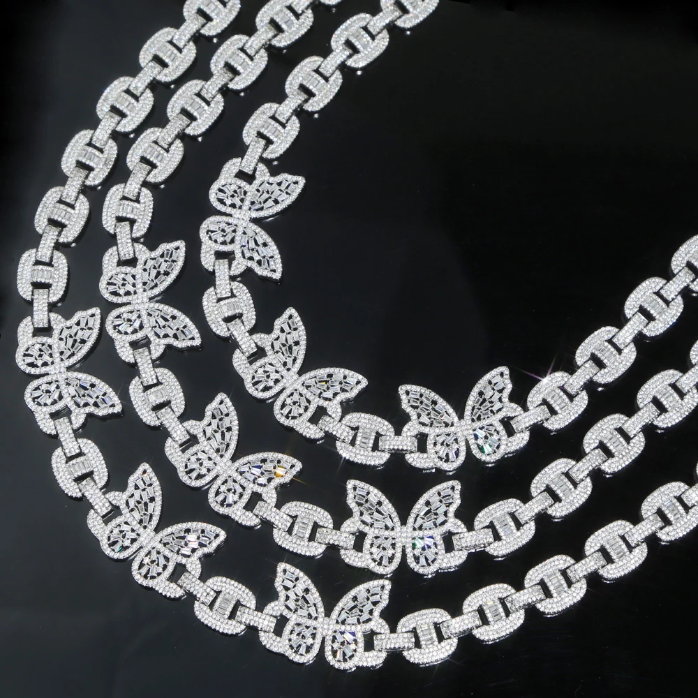 Iced out bling rectangle cz paved ice girl women hip hop H chain ice out butterfly necklace