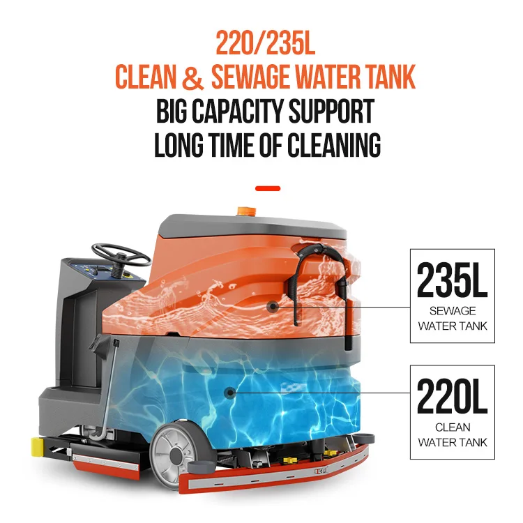 Gaoge A110 High Quality 220L Big Plastic Solution Tank Ride-On Floor Scrubber New Engine Pump Factory Price