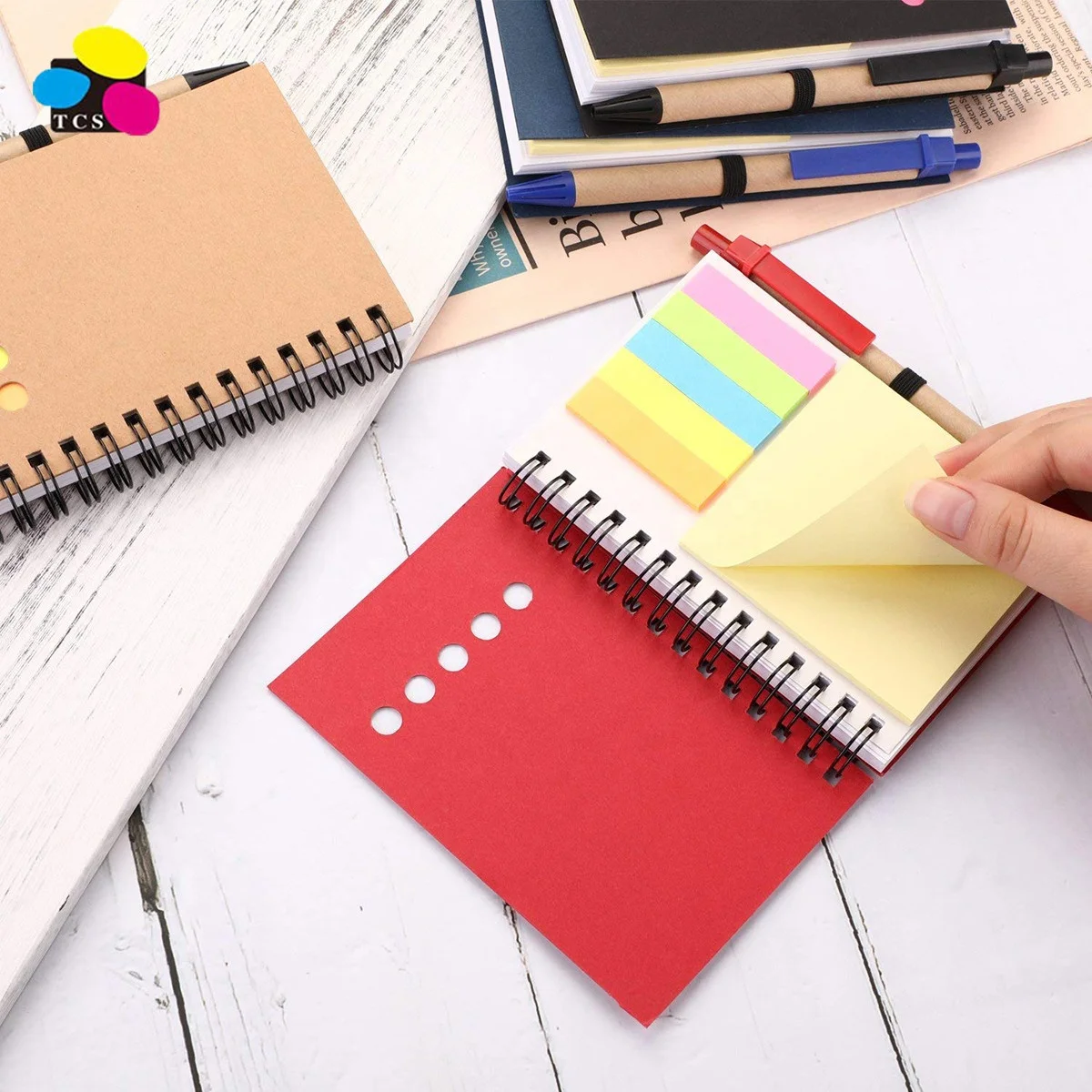 
Cheap price good quality 4 Pieces Kraft Paper Pocket Business Spiral Lined Notebook with Pen in Holder and Sticky Tabs 