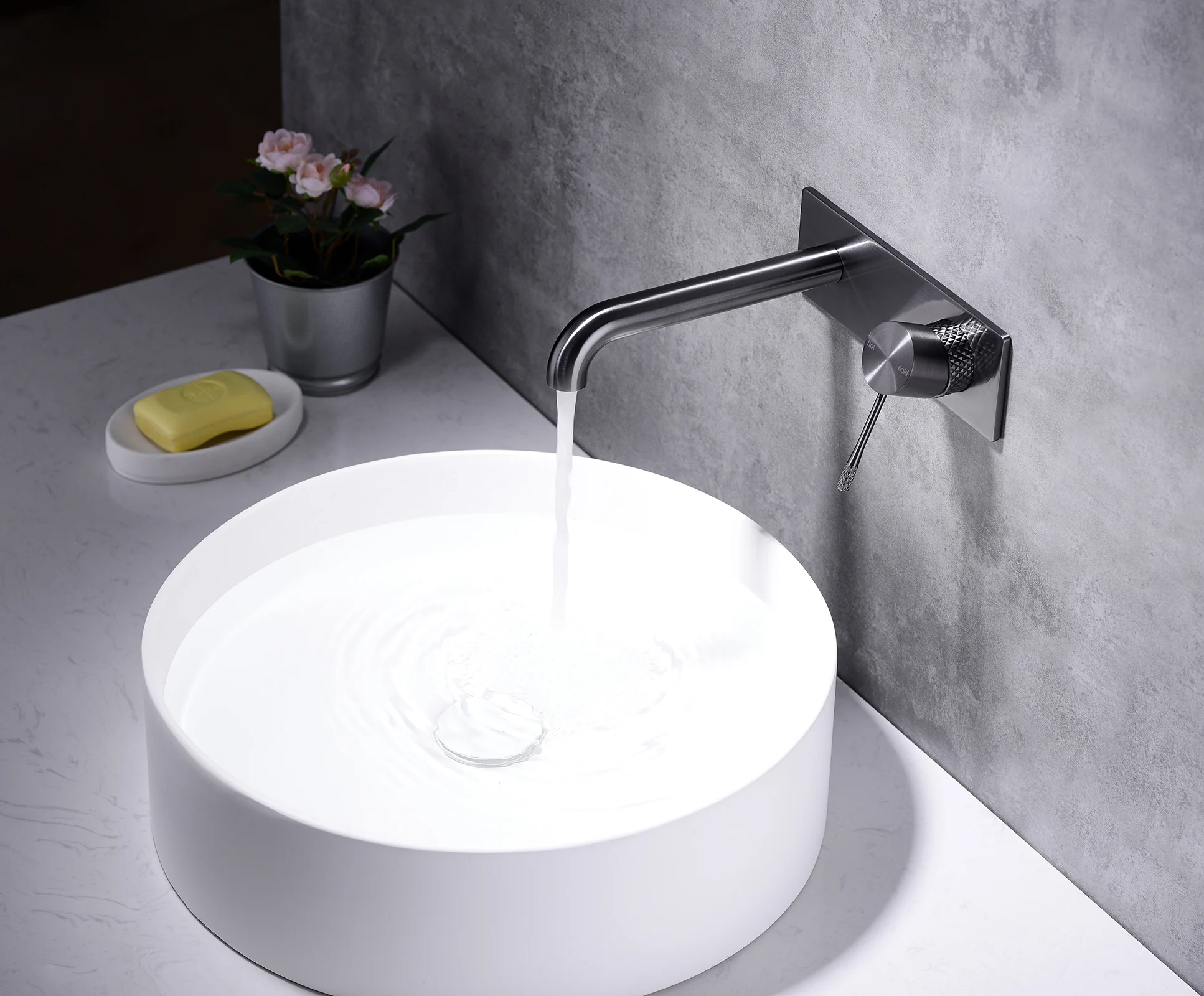 Knurled wall mounted faucet graphite finish wall-mount bathroom sink faucet single handle basin mixer tap