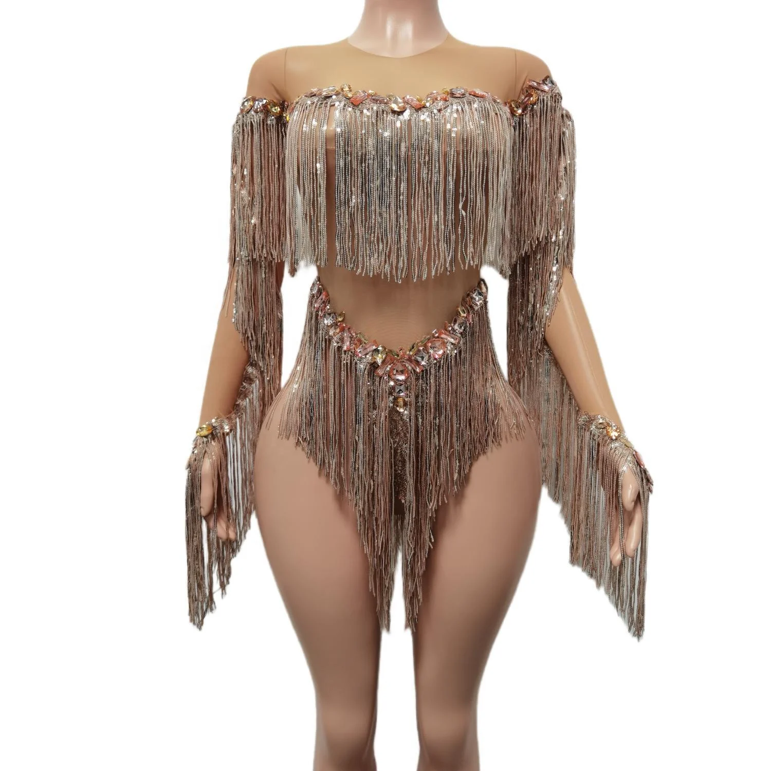 Fashion Sequin Fringes Festival Stage Dancer Outfits Women Party Club Tassel One Piece Jumpsuit Ladies Sexy Rhinestone Bodysuit