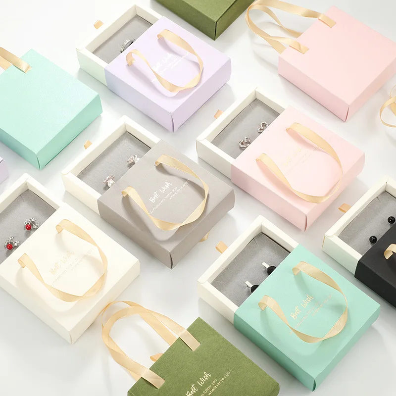 Custom Luxury Hot Stamping Printed Foldable Drawer Sliding Jewelry Packaging Gift Box with Ribbon Handle