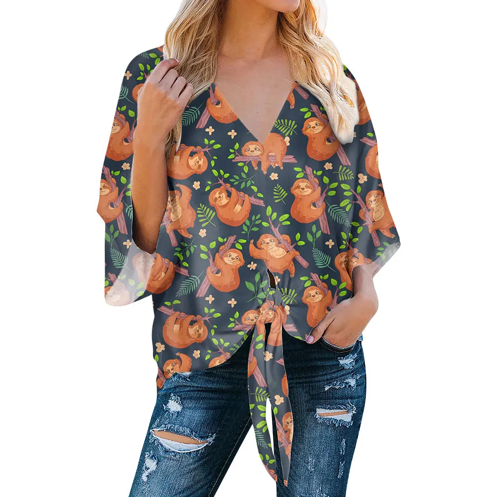 
Factory Custom Cartoons Print Pattern Deep V-neck Flared Sleeves Sexy Fashion Casual Looses Chiffon Women Shirts 