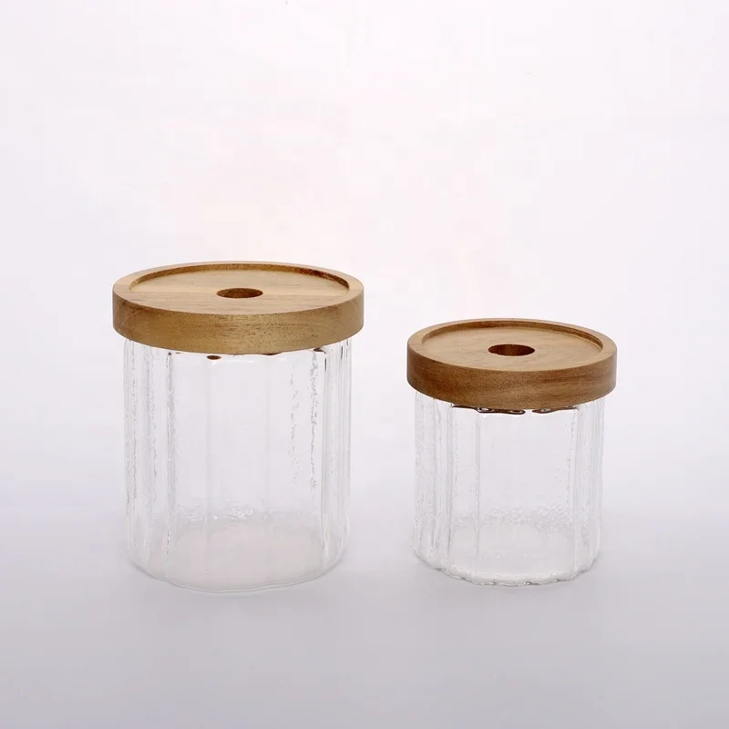 Wholesale Quality Transparent Frosted Round Glass Storage Jar/Borosilicate Glass Storage Bottle/Glass Bottle Jar with Wood Lid