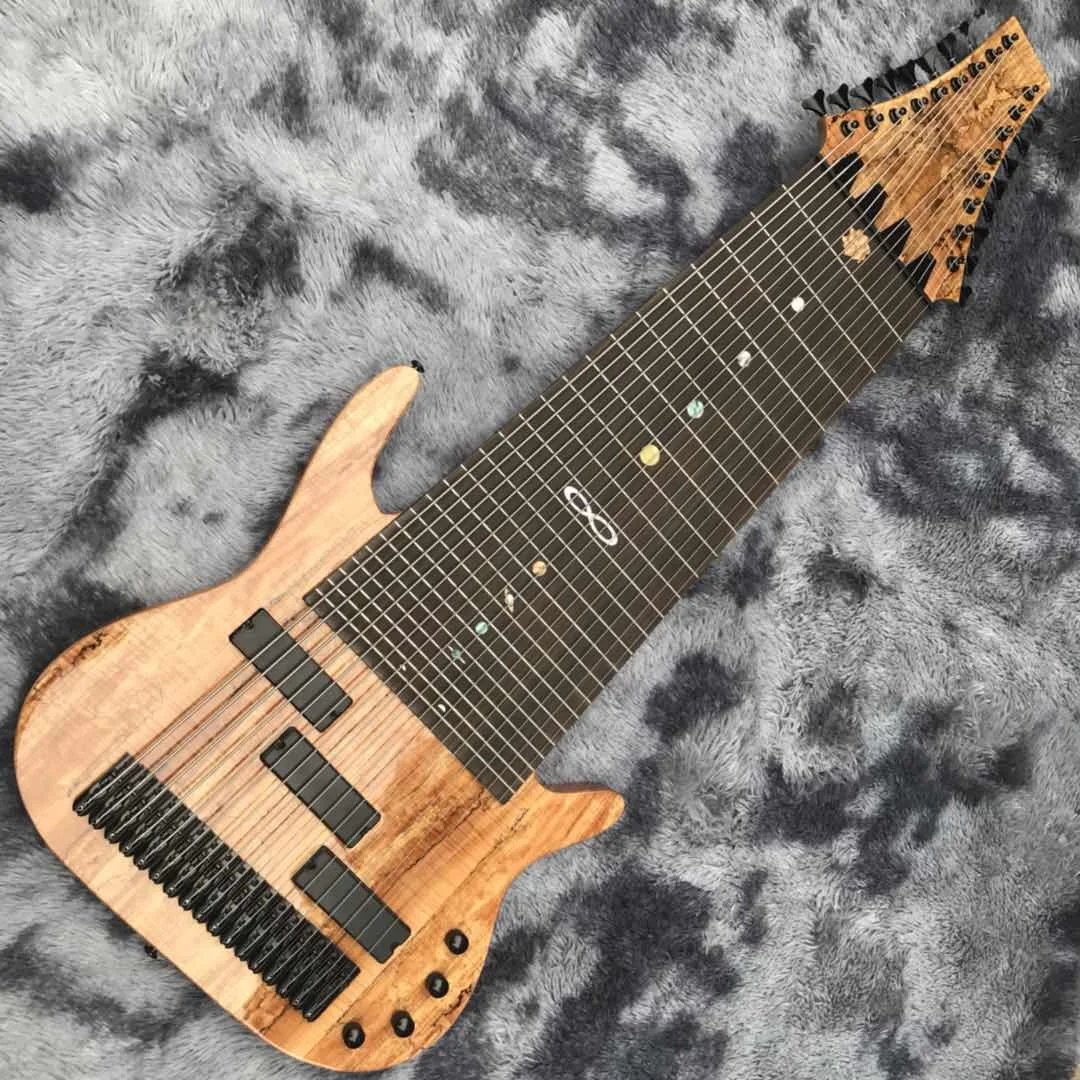 Custom 17 string bass electric guitar with landscape painting veneer in wood natural color and black hardware