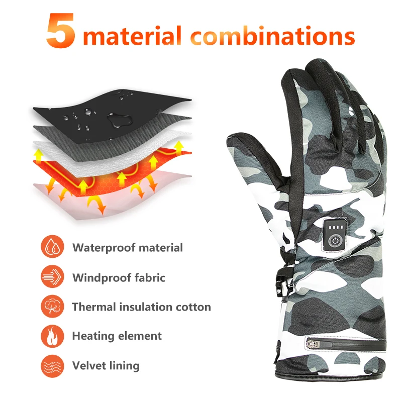 Hot Selling Rechargeable Heat gloves Snowboard Touch Screen Battery Heat Winter Waterproof camouflage Heated Gloves