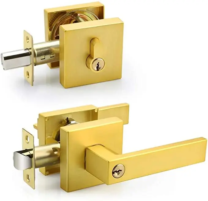 Modern Satin Brass Door Handle Set with Single Cylinder Deadbolt Zinc Alloy Square Design Entry Lock Set for Bathroom and Hotel