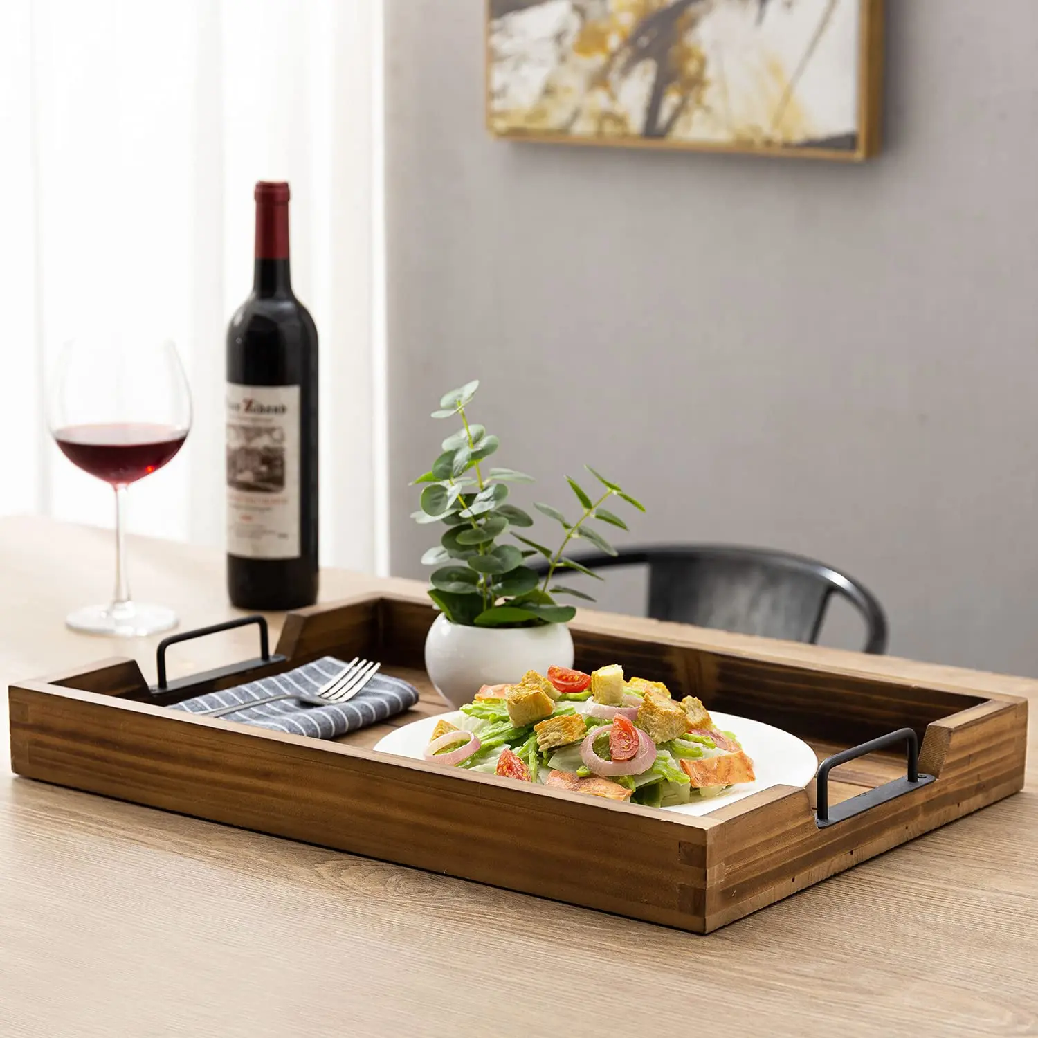 Hot Trending Burnt Wood Large Serving Tray Office Desktop Organizer Paper Holder Solid Wood Paper Document File Tray