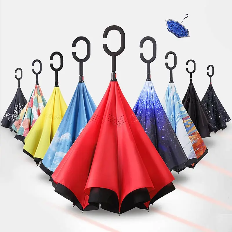 Melex New inverse car Umbrella with logo prints Custom Double Layer Inside Out C Shape Handle design inverted Folding Reverse