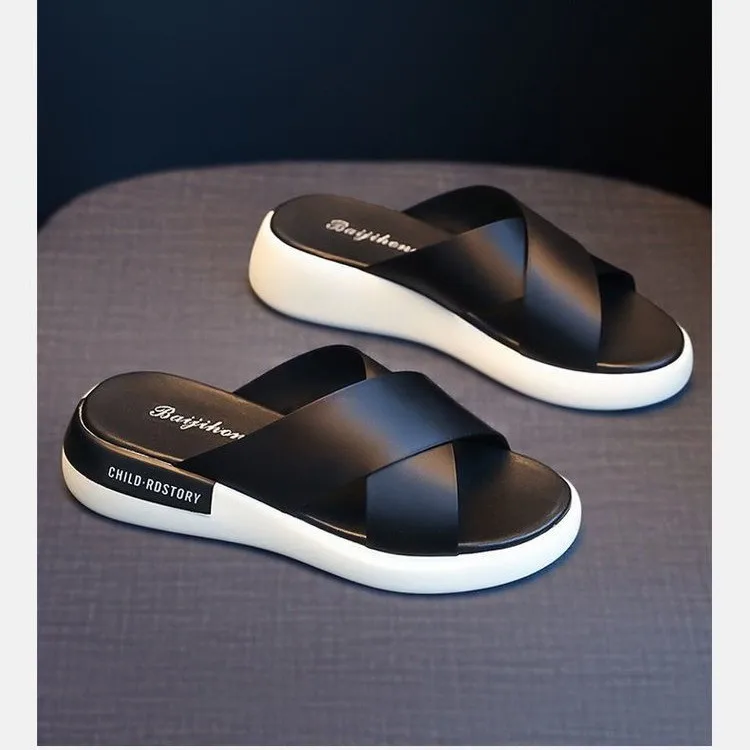 Casual Fashion Female Leather Sandals Shoes Ladies Black Mid Heel Woman Half Slippers Shoes Girls Thick Bottom Wedges Sandals