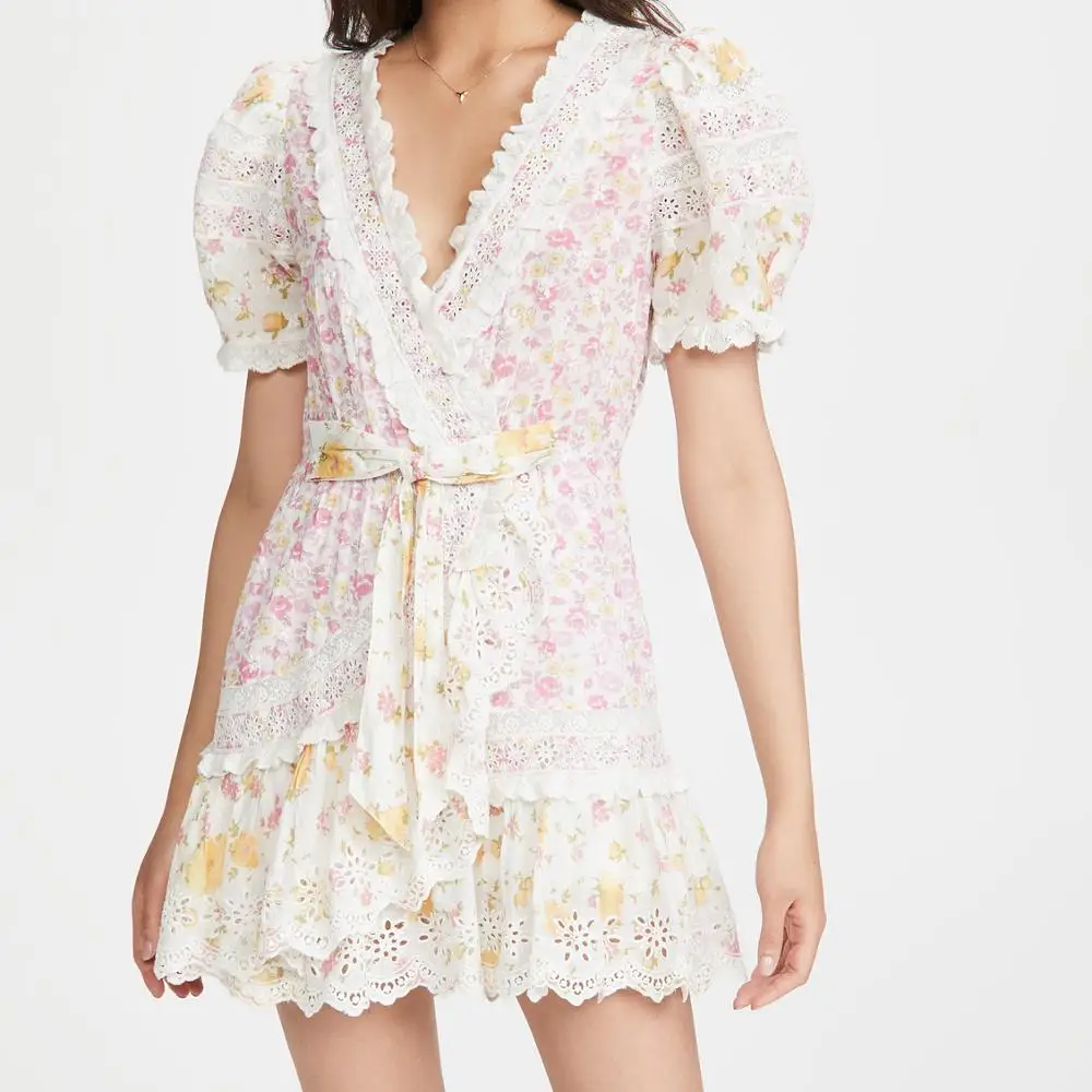 Manufacture Wholesale Custom Women Floral Print Eyelet Trim Short Puff Sleeves Wrap Cotton Summer Dresses