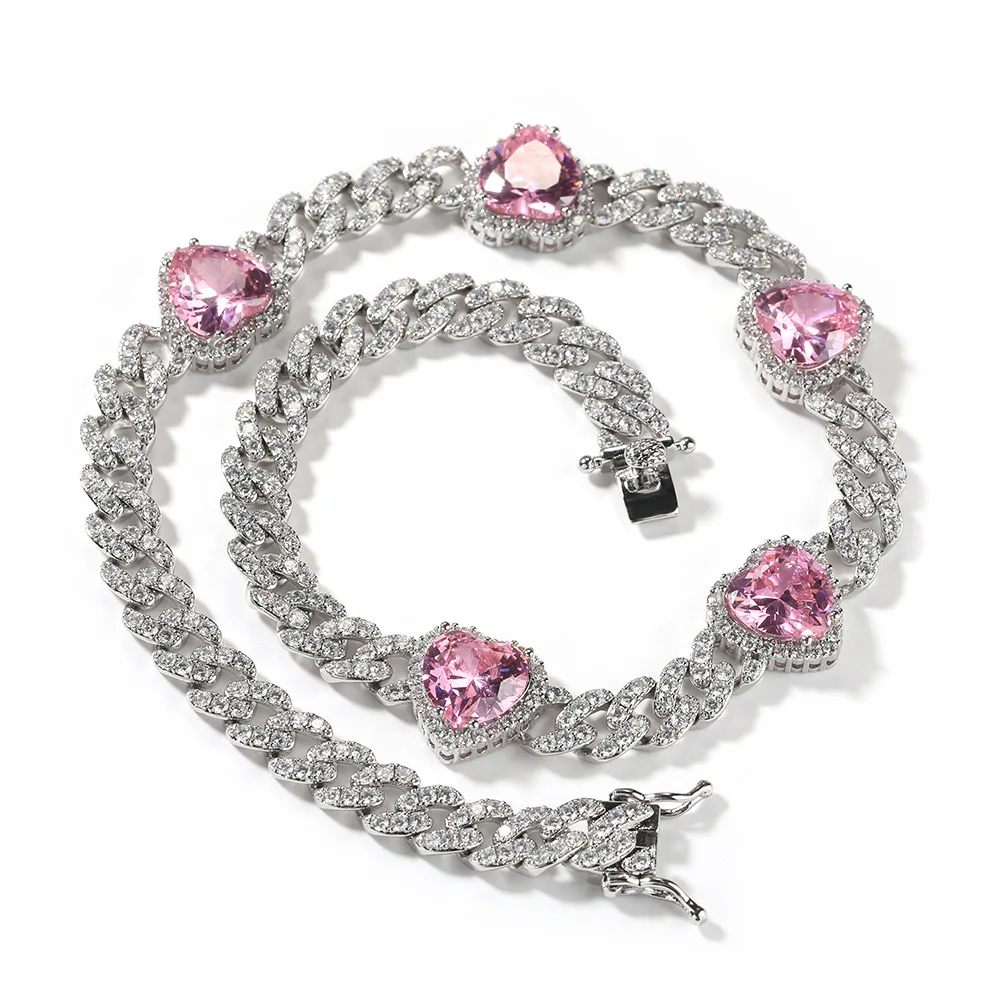 New Trendy Fashion Gold Silver Custom Iced Out 9mm Pink Heart Neck Chains Jewelry for women