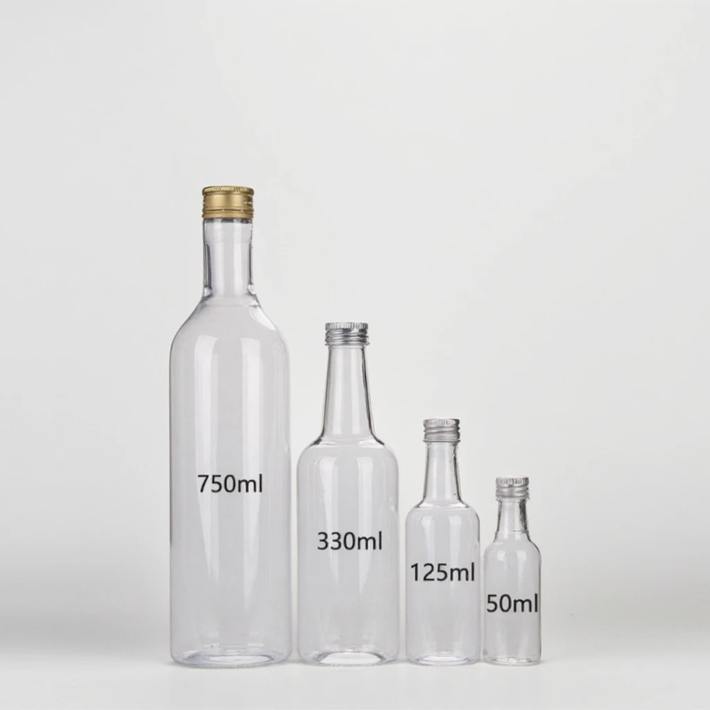 50ml-125ml-330ml-750ml PET Transparent round Plastic Wine & Soda Beverage Bottle with Screw Cap for Stall Use