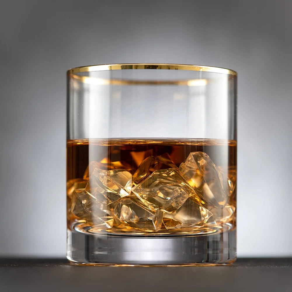 High Quality various style Luxury Custom Crystal Gold Rim Lead Free Handmade Round Whiskey Glass with gold sides
