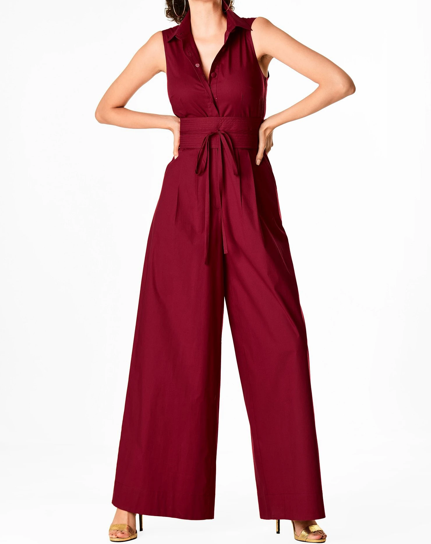 Office Ladies Design Solid Cotton Poplin Sleeveless Obi Belt Wide-legs bodycon Shirt Jumpsuit