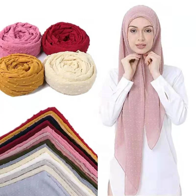 2021New Solid Color Muslim  Chiffon Hijab Jacquard Three-Dimensional Plum Blossom Malaysia Scarf Pom Pom Chiffon Hijab