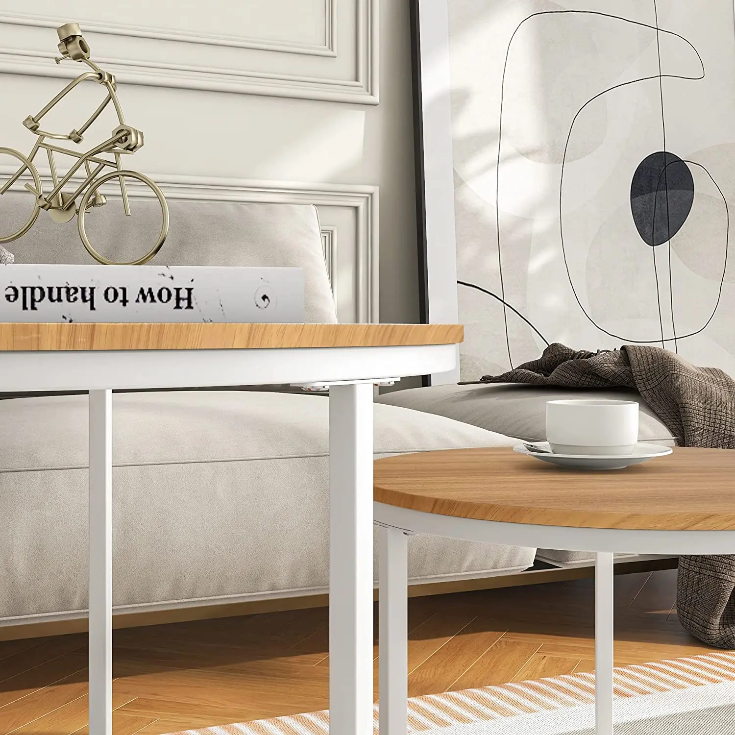 Round Wood Nesting Coffee Stacking Side Tables end Tables with Sturdy White Metal Frame