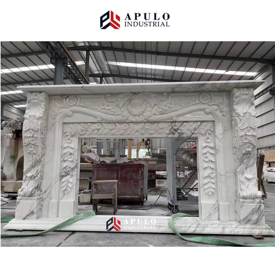 Two Tiers Natural Stone Carving Cultured Surround Black White Beige Electric Marble Slab Fireplace Mantel Griotte With Cherub