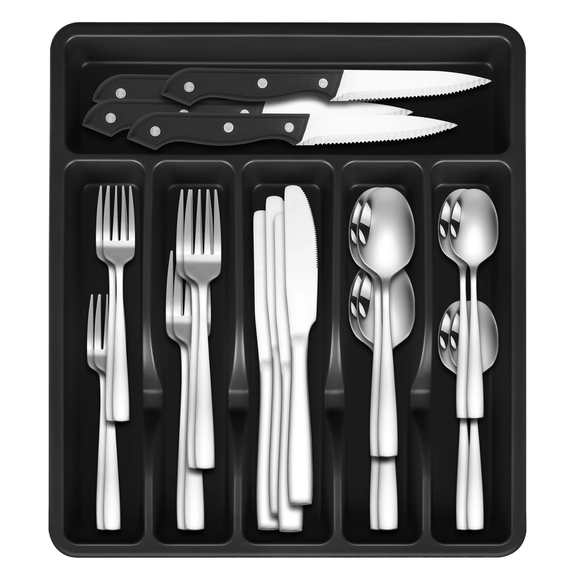 Wholesale Stainless Steel Silverware Mirror Silver Spoon Fork Knife 48 Piece Flatware Set With Black Cutlery Tray