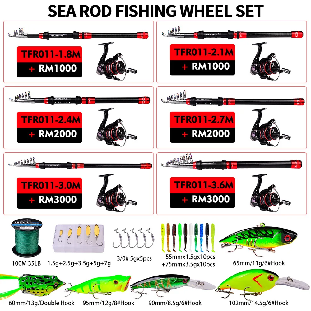 Telescopic Fishing Rod and Reel Combo Set Line Lures Kit Accessories Carrier Bag Nylon Bag Hard Carbon Fishing Lake PE 100M