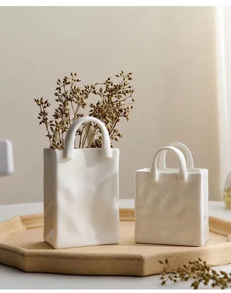 White Handbag Ceramic Vases For Flowers Small Cute Bone Porcelain Vase Tabletop Container Decorative Modern Home Decor