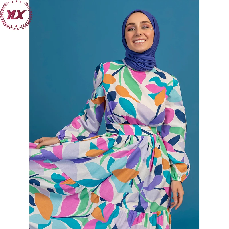 Crew Neck Women Muslim Casual Summer Muslimah Islamic Floral Silk Coffin Gamis Indonesia Hijab Dresses Abaya Dress
