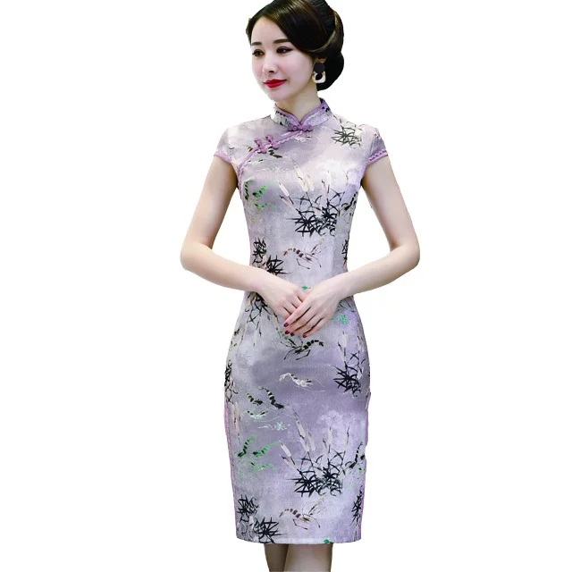 
Latest designs Chinese morden Cheongsam Floral flared Qipao Short sleeve satin Dress For Women 