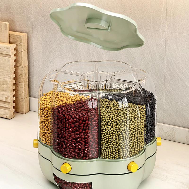 Cereal Grain Container Storage, Upgrade 360 Rotating Food Dispenser with Lid for All Beans, Barley, Millet, Rice