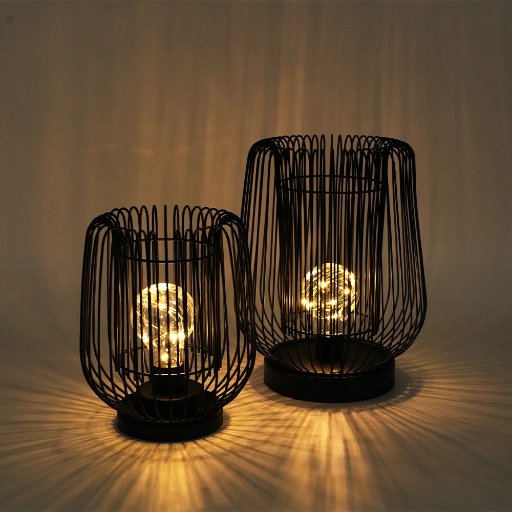 Metal wire candle holder with plastic LED Bulb inside  gold and black color beautiful shadow for home decor
