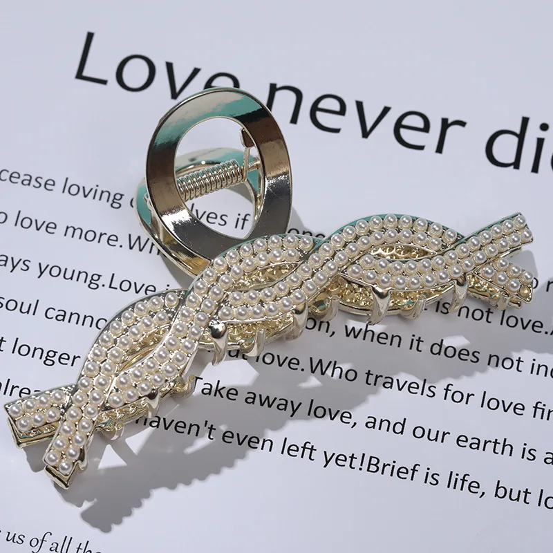 CYX670 Fashion Simple New Hair Accessories Ins Gold Plated Crystal Rhinestone Metal Pearl Shark Large Hair Claw