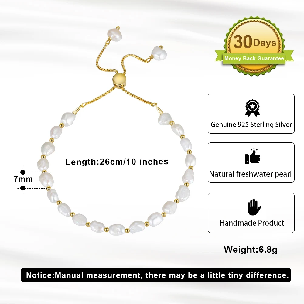 RINNTIN GPB09 Genuine 925 Sterling Silver Pearl Bracelet Chain Link Baroque Pearl Beads 14K Gold Bracelet Brazalete For Women