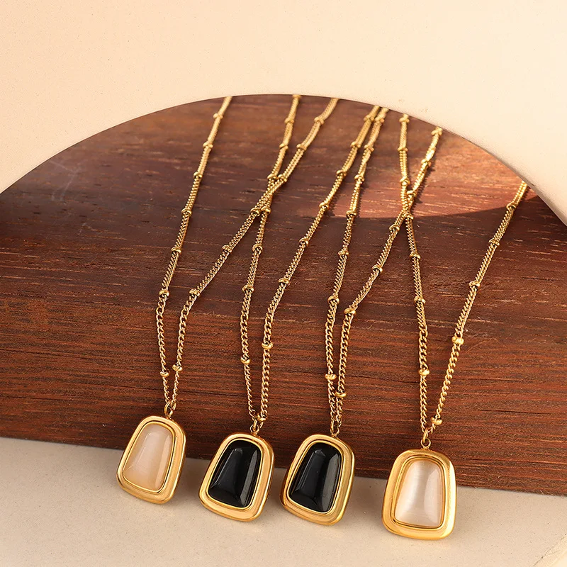 New Fashion Stainless Steel Necklace Square Natural Stone Pendant Necklace 18K Gold Plated Jewelry For Women
