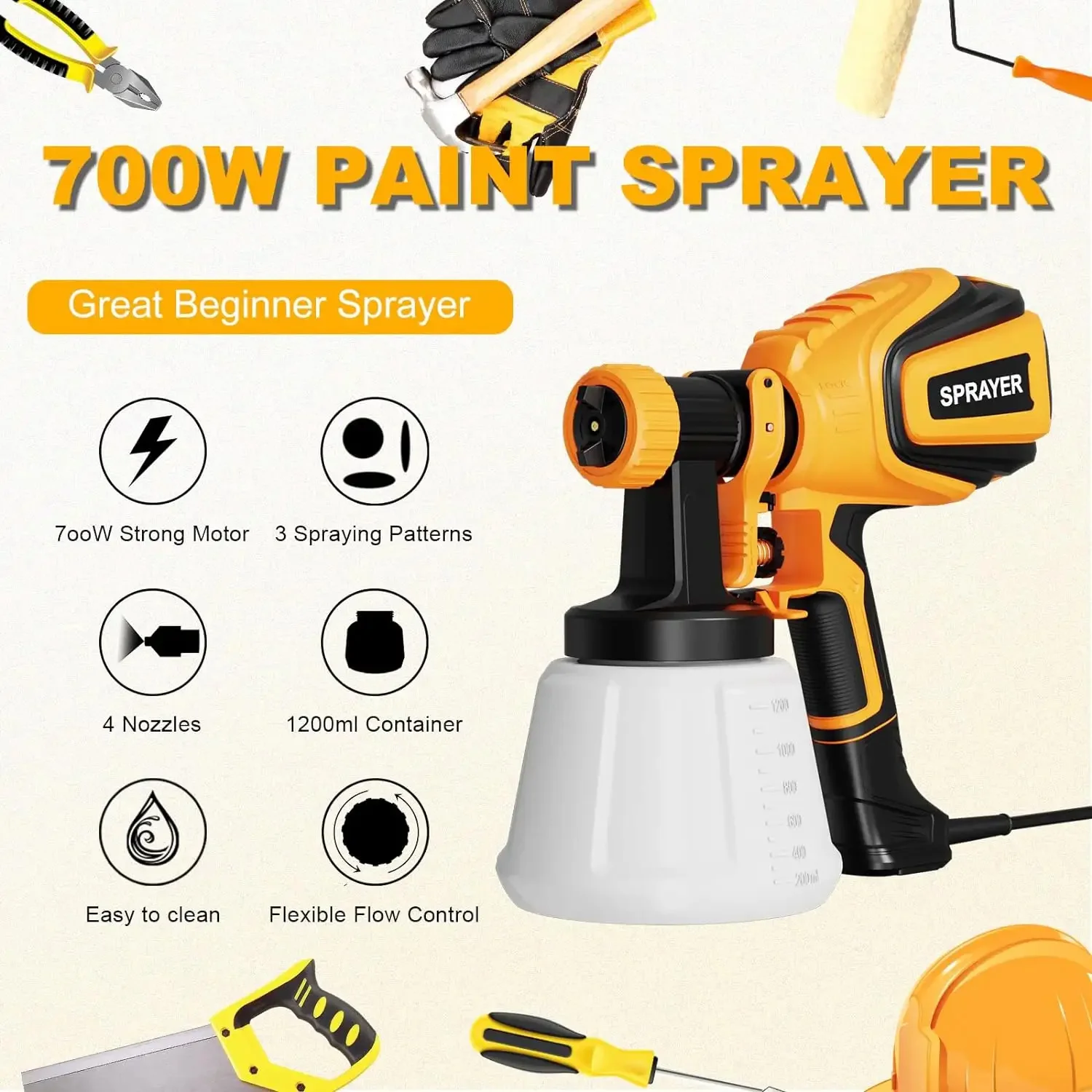 127v 220v 700W Electric Paint Sprayer 3 Copper Nozzles 3 Spray Patterns HVLP Spray Gun for House Painting/Furniture/Fence/Wall