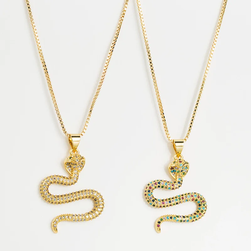 Vintage Custom Charms Gold Plating Chain Bendable Couple Elegant Snake Pendant Colourful Zircon Brass Necklace