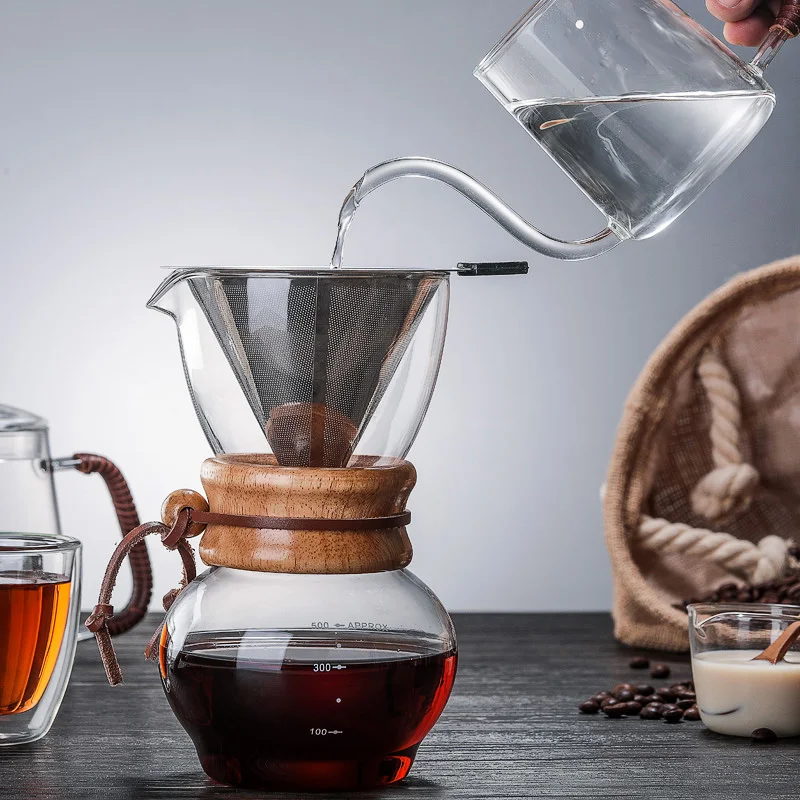 500ml coffee pot made of high borosilicate glass wood handle for effective anti-hot for family sharing