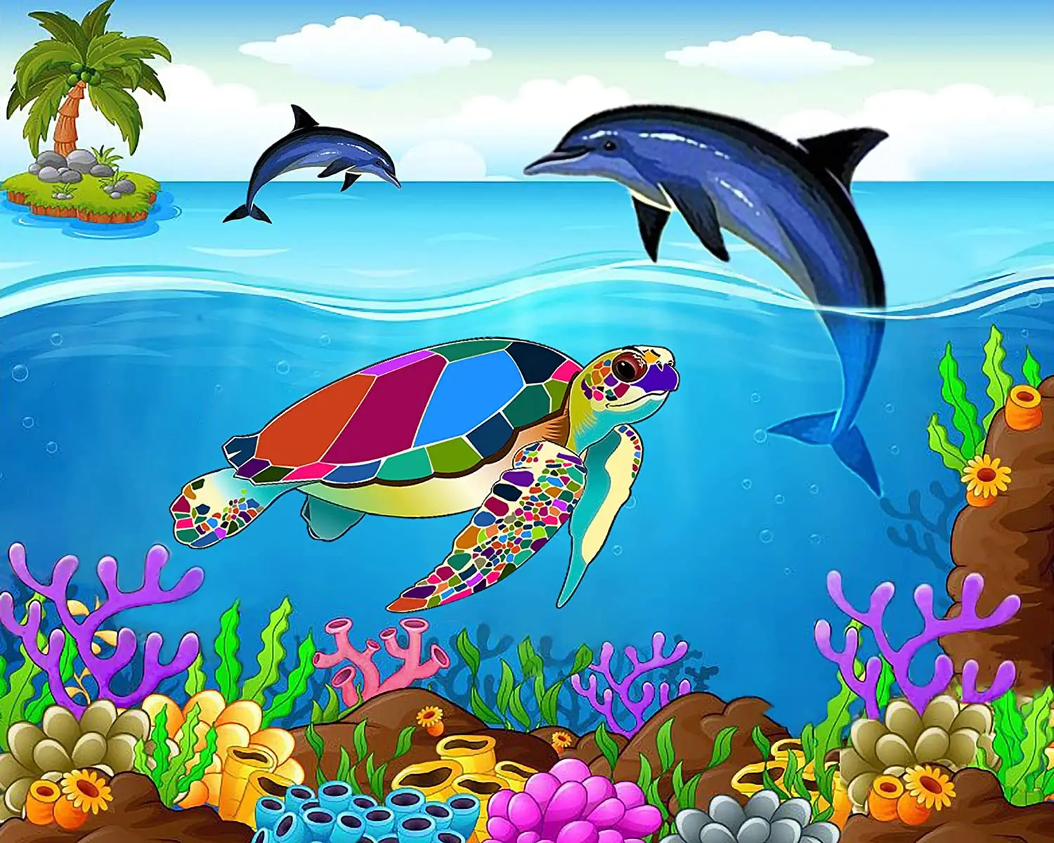 Acrylic Oil Painting On Canvas Colorful Sea Dolphins and Turtles Paint by Numbers