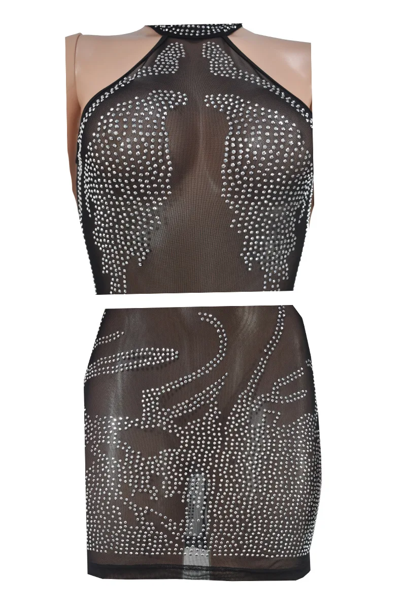 New Style Sequined Rhinestone Decoration Prom Dresses Summer Transparent Mesh Sleeveless Sexy Women Club Dress