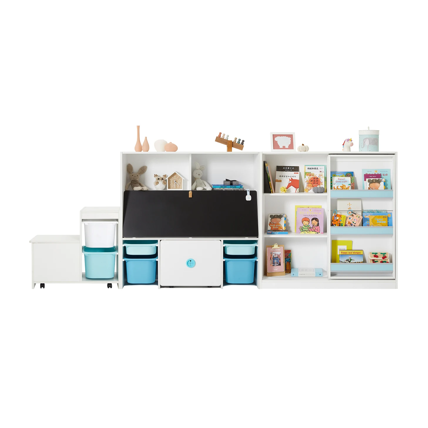 
2M2KIDS Wood Cubbies Multifunction Kids Book Shelf with Blackboard Children Cabinet with Large Storage Area 