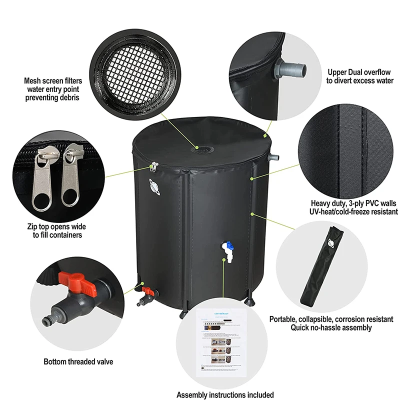 53 gallon Foldable Plastic Hot Camping Rain water storage barrel with strainer