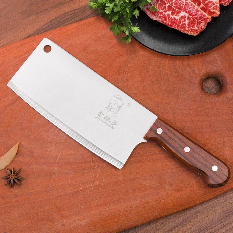 7' Chinese Traditional Cleaver Rustic Design Wood Grain Handle for Meat Cutting in Kitchens Restaurants and Camps
