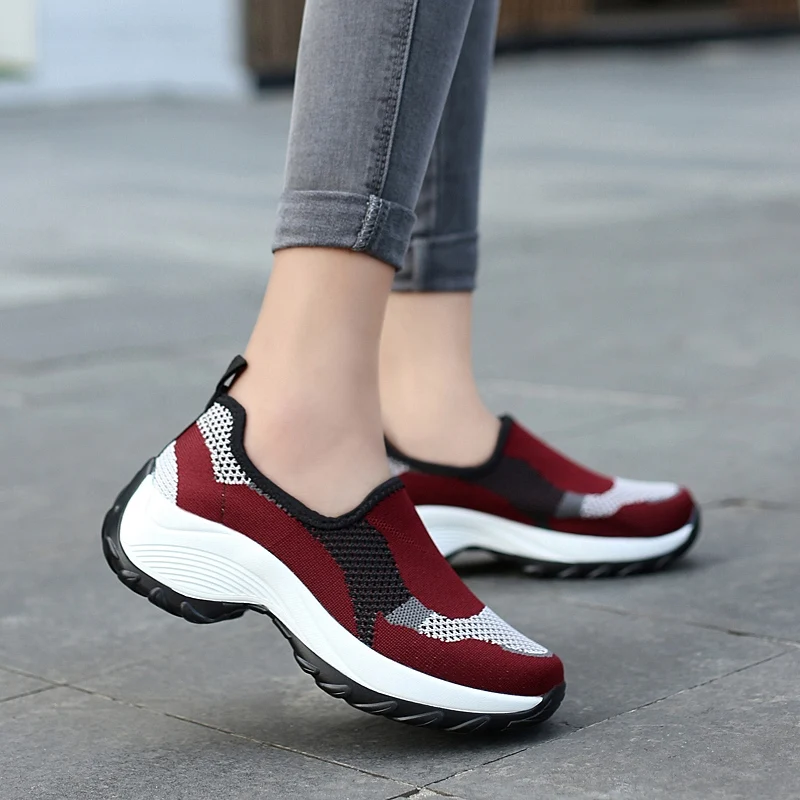 white wedge Height Increasing Shoes Womens Platform Sneakers Walking Slip On Light Weight Mesh Tennis Shoes