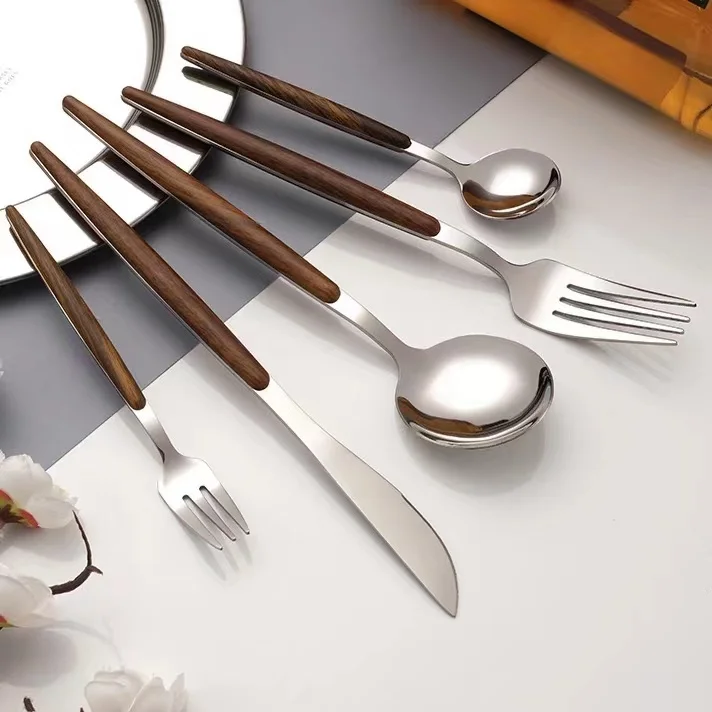 Portugal Reusable  Stainless Steel Cutlery Plastic Wooden Handle Flatware Set for Wedding