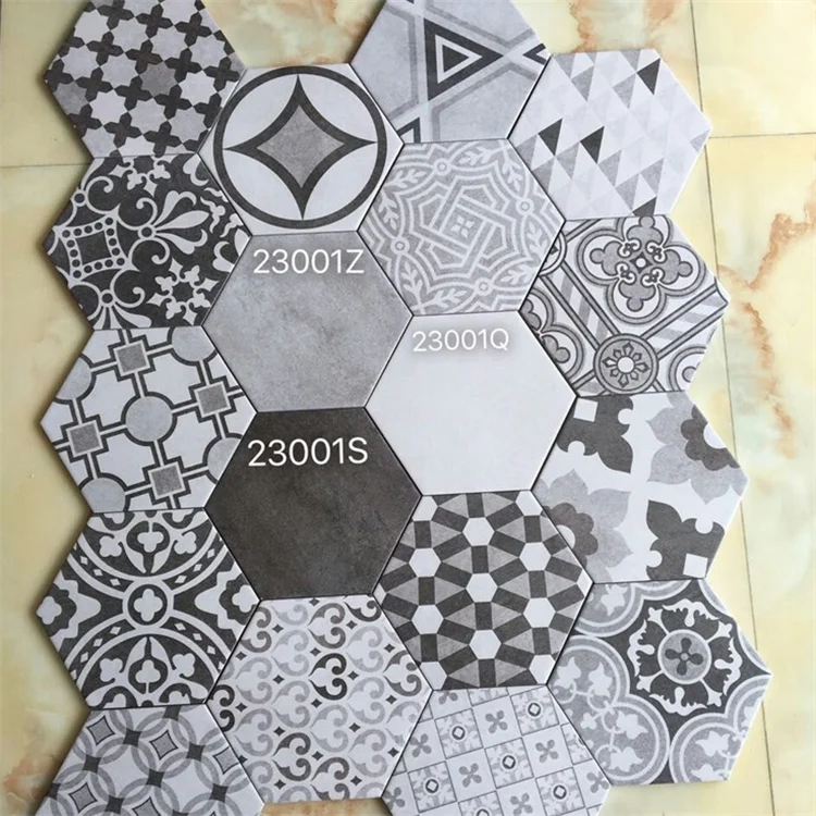 Grey  colors flower  pattern  hexagonal wall and floor tiles ceramic  and project  tiles wholesale