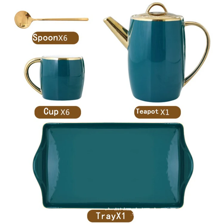 Новое поступление, зеленый, золотой обод, 8 шт., с шестью чашками и подносом, керамические чайные наборы с чайником в подарок