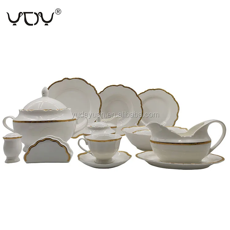 Wholesale Royal Flower Shape English Gold Rim Dinner Set Porcelain China 61 Pcs 125 Pcs Dinnerware Sets Ceramic Cup Kit Western