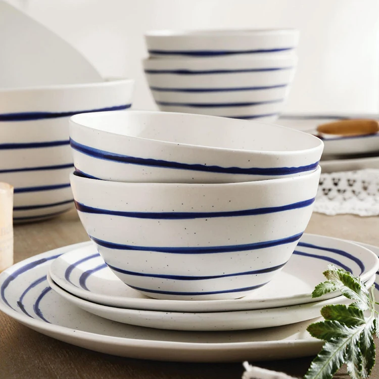 Hand-painted white blue stripe speckle stoneware dinner set luxury matte ceramic dinner plate porcelain nordic dinnerware set
